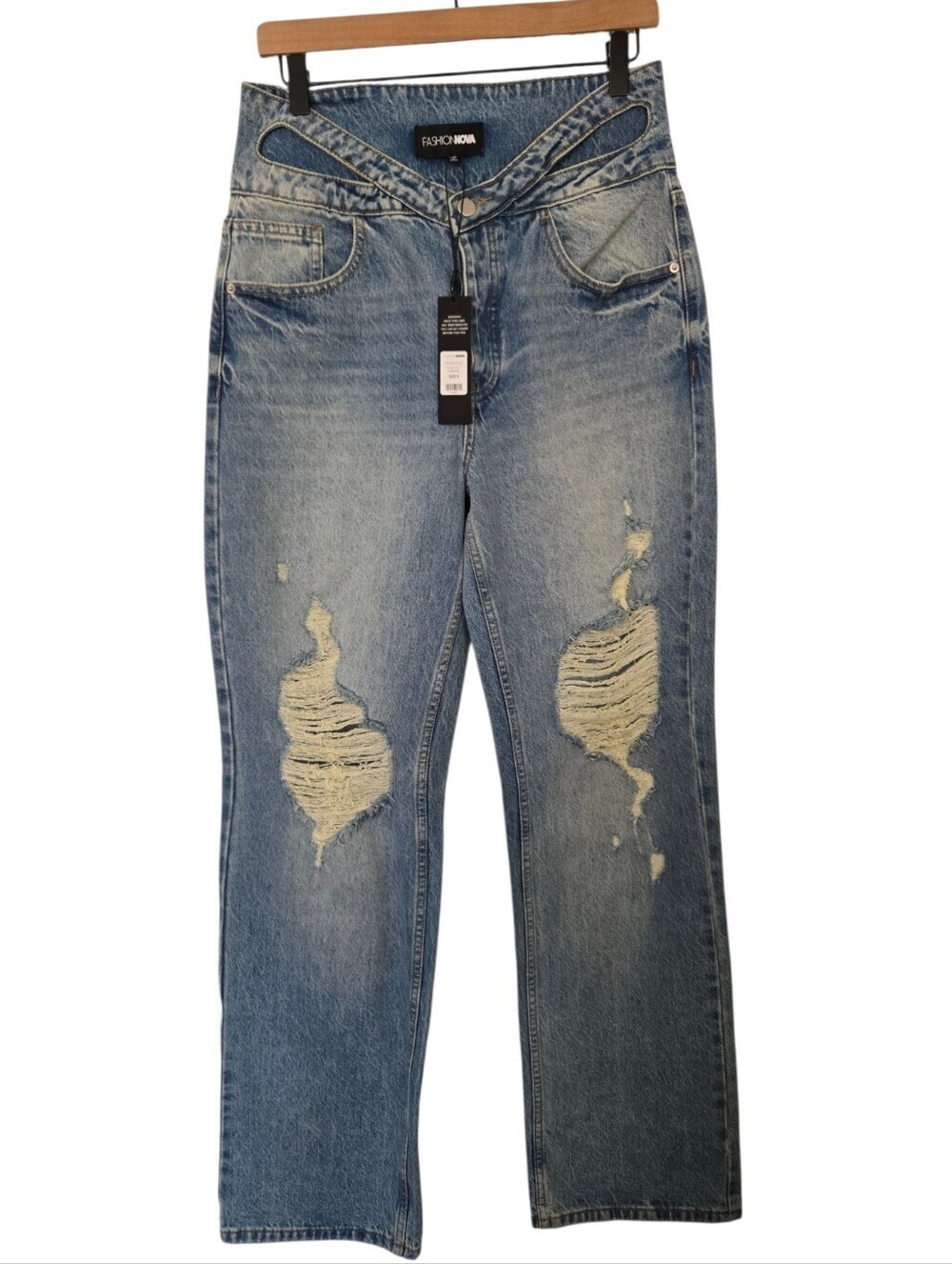 ✨ NWT Fashion Nova Cutout Waist Distressed Wide Leg Jeans Size 9 Y2K Statement D